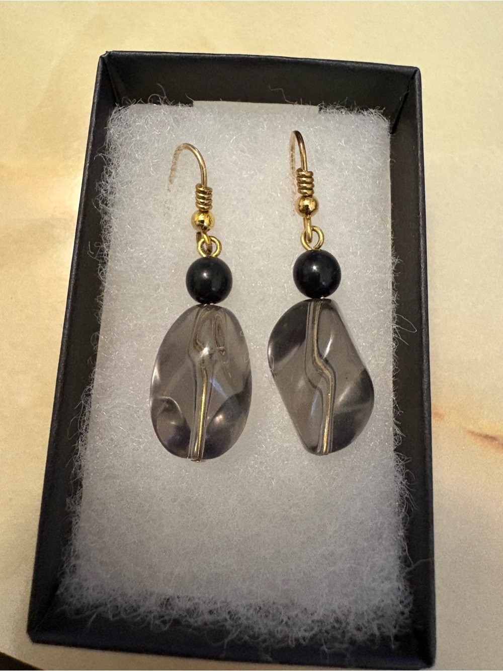 Vintage-style dangle earrings -smoky quartz stones and black onyx beads.1”